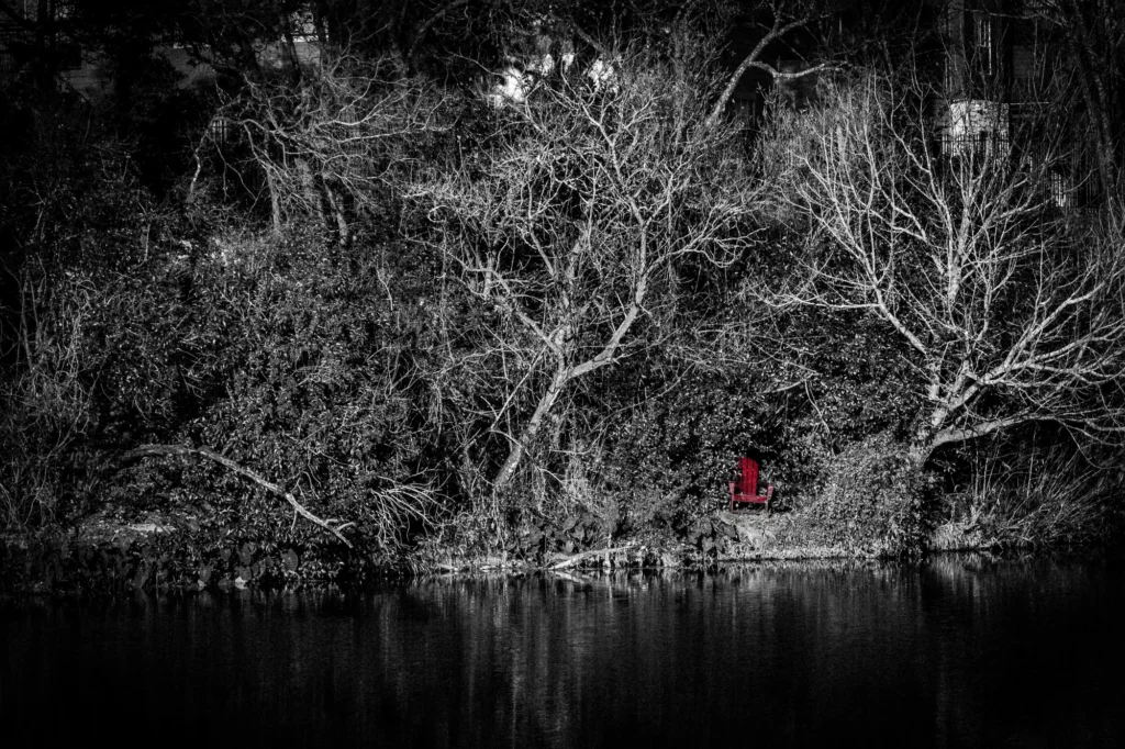 Black-and-white riverside scene with a small red color detail of a chair among the trees