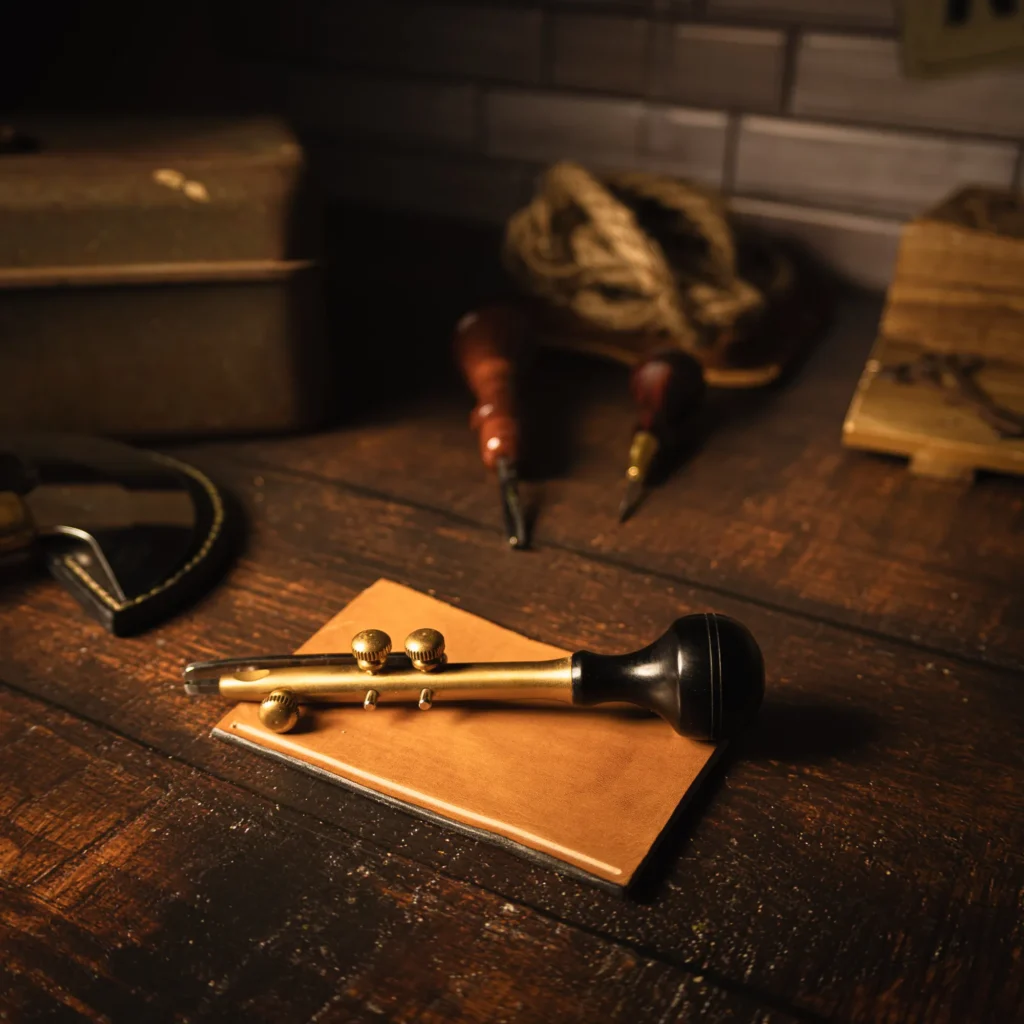 Atmospheric still life of leatherworking tools arranged on a warm wooden surface