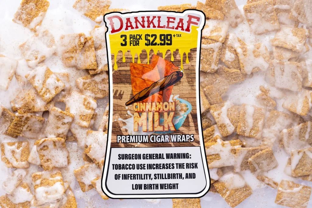 Clean product photo of Dankleaf Cinnamon Milk packaging on a background of cereal and milk