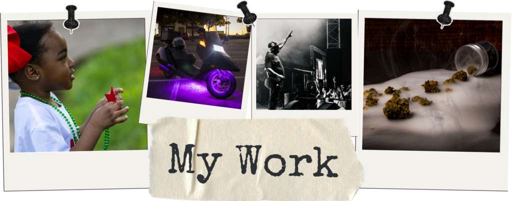 Collage of Thistledew Studio photography work featuring a live performance, neon-lit scooter, community event portrait, and atmospheric product photo